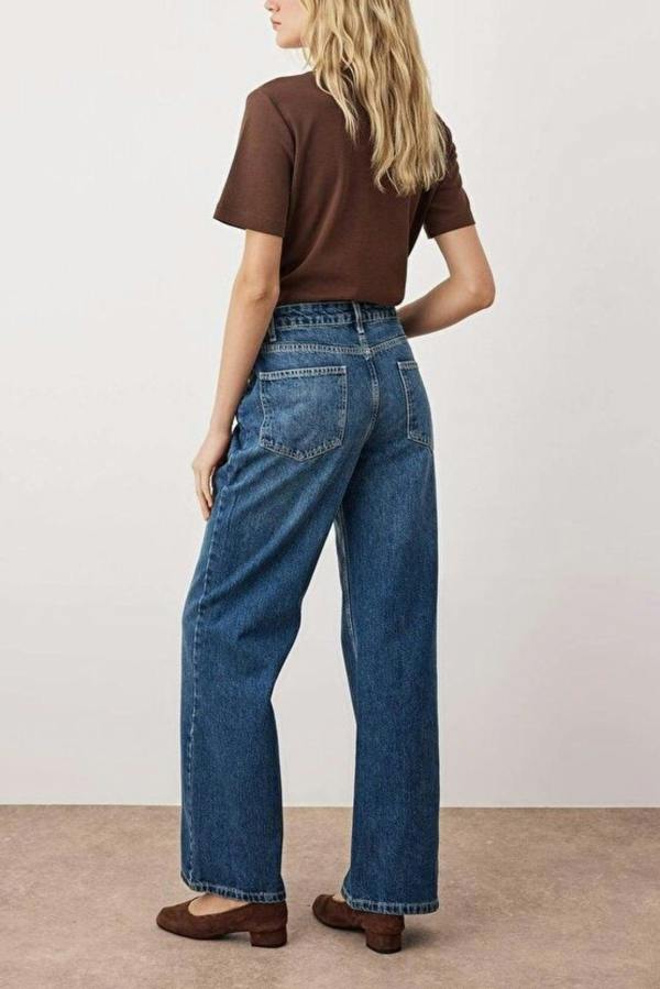 WOVCOR Faded Effect Vintage High-Waisted Wide Leg Jeans