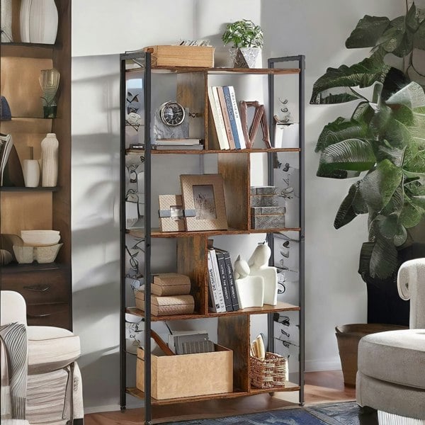 Rafaelo Mobilia Industrial 5 Tier Rustic Brown Bookcase Zig Zag