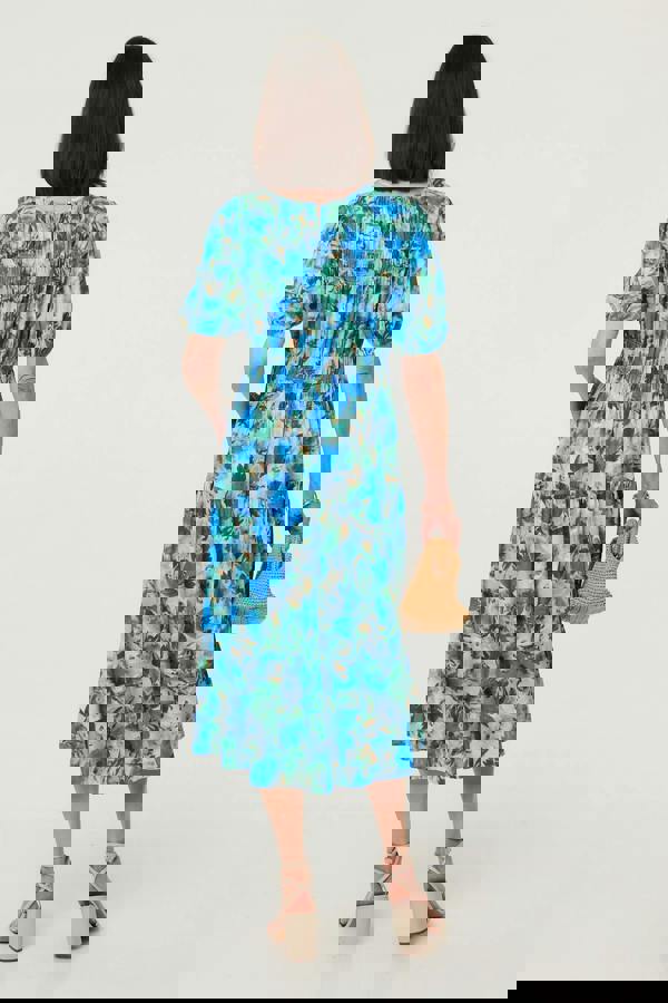 Blue | Floral Shirred Puff Sleeve Midi Dress