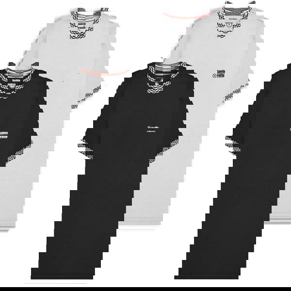 Lambretta Mens Classic Two Tone Ringer Retro Casual T-Shirt, image showing two T-shirts with checkered neckline and sleeve trims, one in white and one in black, with Lambretta logo on the chest.