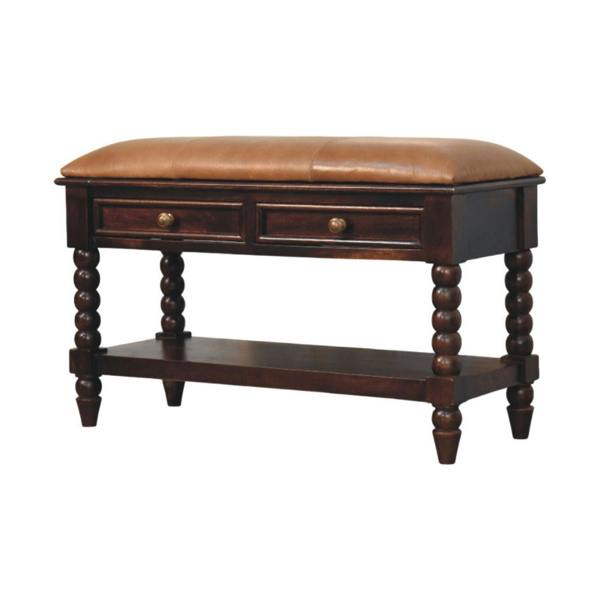 Artisan Furniture Solid Wood Spindle Winewood Leather Bench
