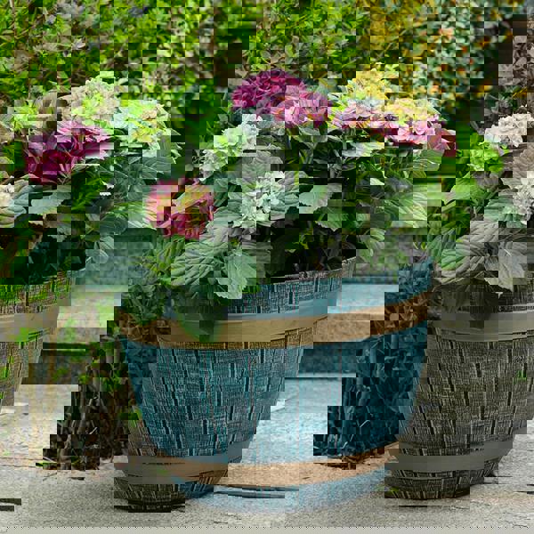 Gr8 Garden 2 x Large Blue Rustic Style Plastic Half Barrel Cask Planter Flower Plant Pot Set