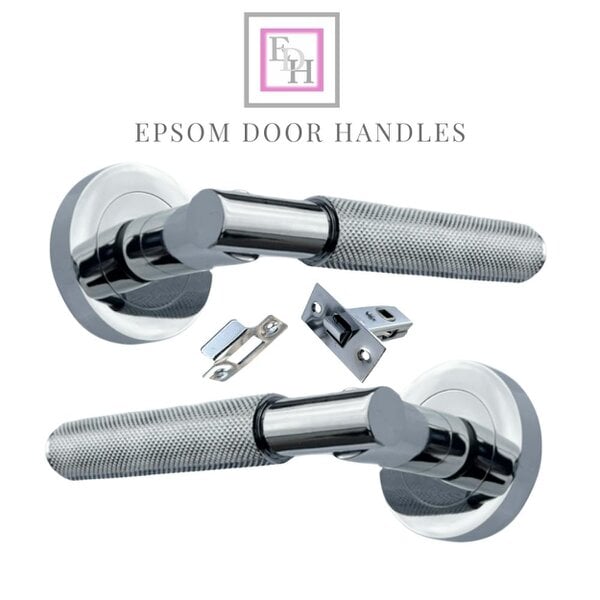 EDH Door Hardware Polished Chrome Knurled Door Handles on Round Rose – Handle Sets