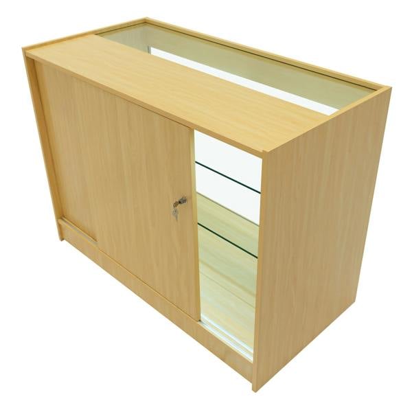 Maple Apollo LED shop counter set with sliding door, glass shelves, and a smooth finish, ideal for retail display and organization
