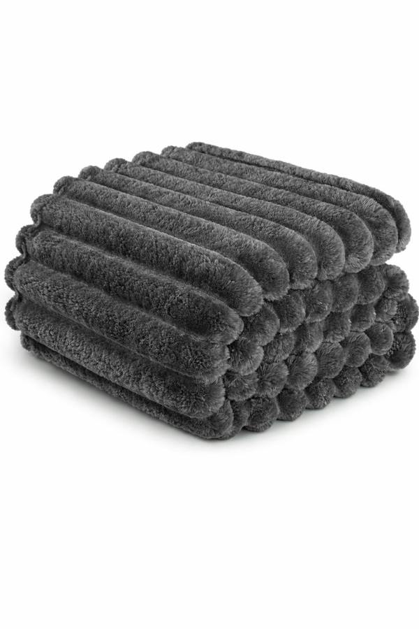 Dyzi Ribbed Jacquard Fleece Bed Blanket Throw 150x200cm Charcoal Grey