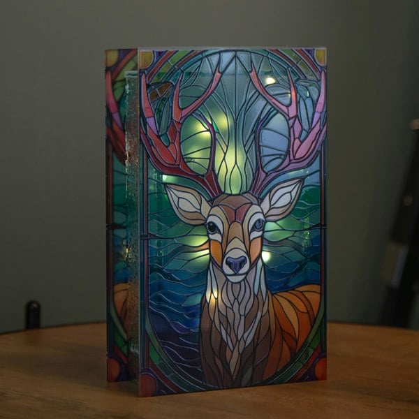 Samuel Alexander 21cm Battery Operated Light up Stained Glass Christmas Decoration with Stag Scene & Warm White LEDs