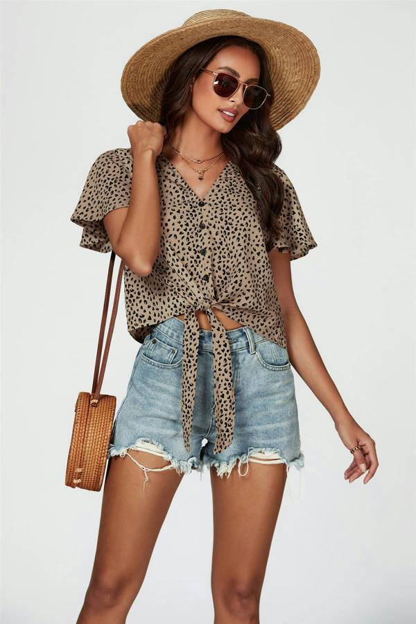 FS Collection Leopard Print Tie Knot Front Buttoned Crop Top In Beige
