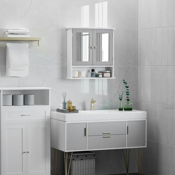 White bathroom wall storage cabinet with open mirrored shelf storage above a vanity