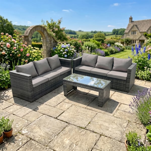 Fimous 6 Seater Rattan Garden Furniture Set with 2 Sofas & Rectangular Coffee Table - Dark Grey Mixed