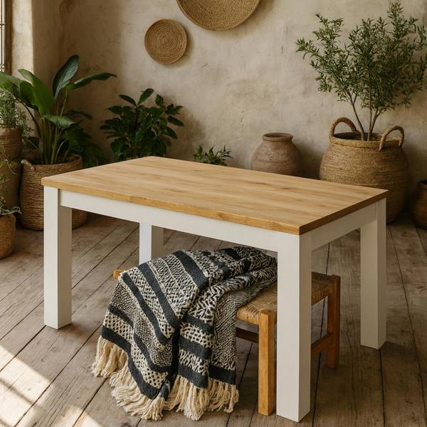 Wyld Haus Bramblecroft White and Natural Oak Wood Extending Dining Table
