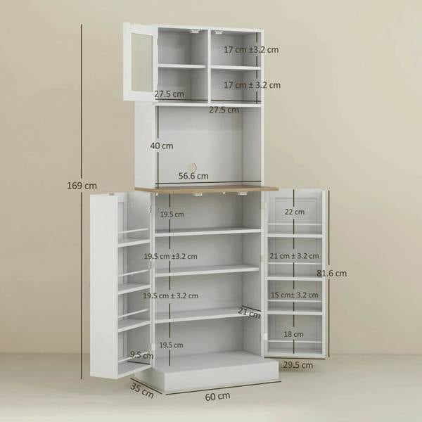 White kitchen storage cabinet with interior and exterior dimensions shown on diagram