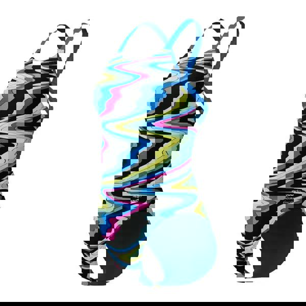 Speedo Club Training Printed Leaderback Swimsuit in black multi with colorful wave pattern