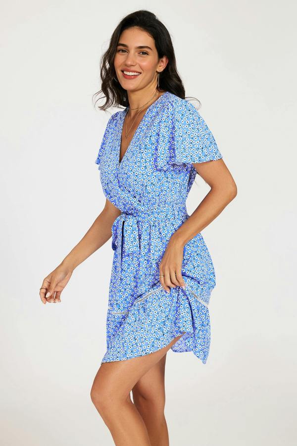 FS Collection Wrap Top Floral Print Hem Mini Dress In Blue