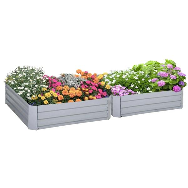 Grey raised garden bed set of 2 with colorful flowers on elevated planter boxes