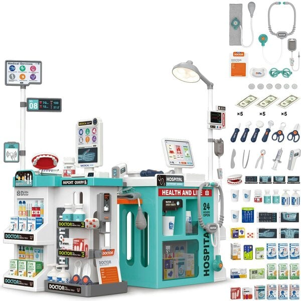 deAO Toys Doctor Playset for Kids with Medical Station, Lights, Stethoscope & Thermometer – 77‑Piece Pretend Medical Counter Role‑Play Set for Ages 3+