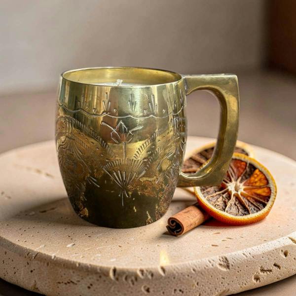 A hammered brass mug with etched floral patterns, styled on a round stone tray with dried orange slices and a cinnamon stick.