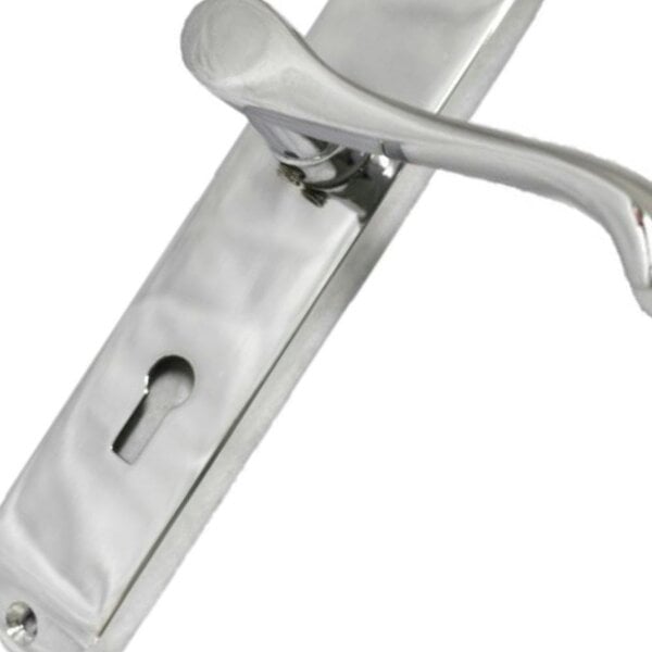 EDH Door Hardware Cadenza Victorian Scroll Door Handles Polished Chrome – Lever Latch, Bathroom Lock & 3 Lever Lock Sets