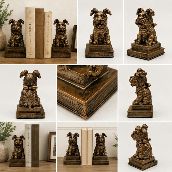 Collection of bronze dog figurines in various poses on a white background