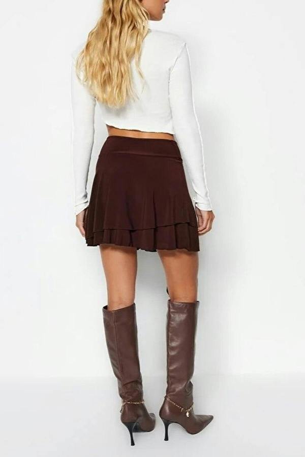 WOVCOR Flounced Mini Stretch Knit Skirt with Ruffle Detail
