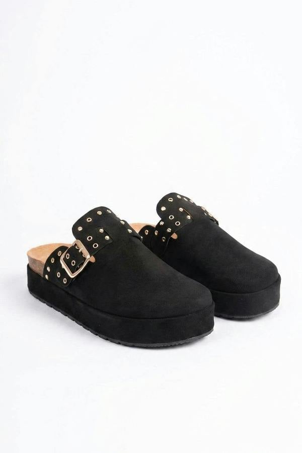 Laina Studded Buckle Slip-on Sandals - Black_wb