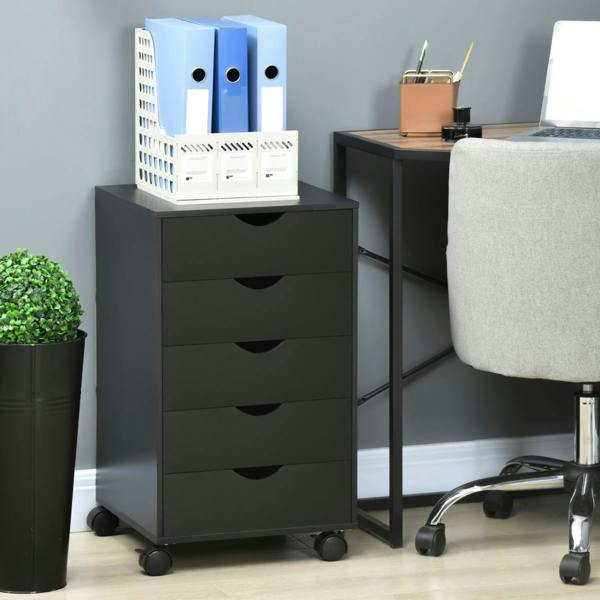 Dyzi Mobile 5 Drawer Filing Cabinet Office Storage Unit with Wheels Black