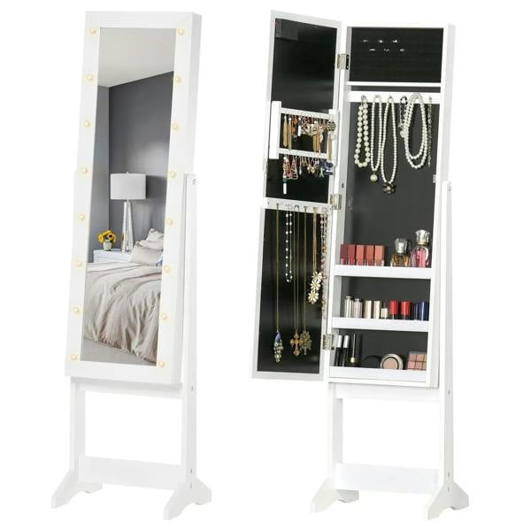 White LED mirrored jewelry cabinet with open doors and organized earring, ring, and necklace storage
