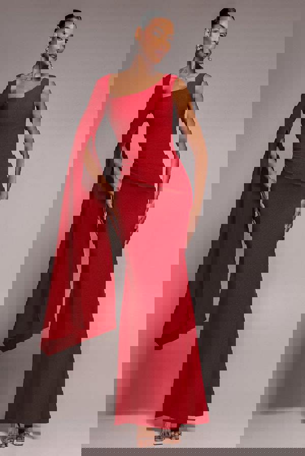 One Shoulder Cape Sleeve Maxi Dress - Red DR5041