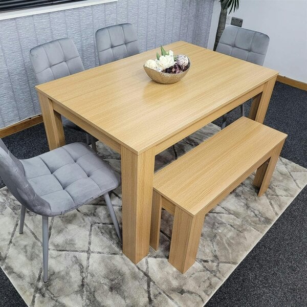 KOSY KOALA 6 Seater Modern Light Wood Dining Table Set with 4 Grey Velvet Chairs and Bench H75 x L140 x W80 cm