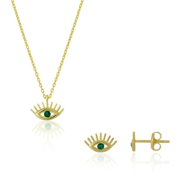 Spero London Emerald Eye Evil Eye Sterling Silver Necklace and Stud Earring Set