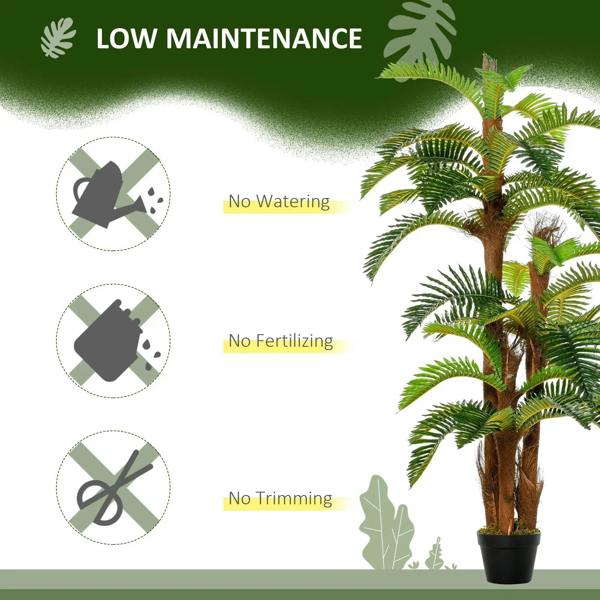 Artificial tropical fern plant in a dark pot with layered green fronds on brown stems.