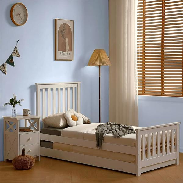 Oxford Single Bed with Pull Out Trundle, Solid Pine, White, Guest Bed Included