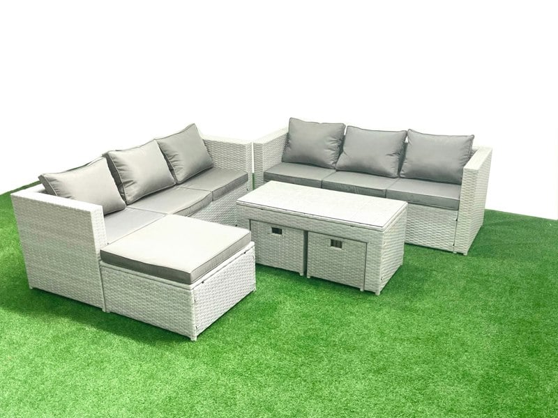 Fimous 9 Seater Garden Outdoor Rattan Furniture Set Rattan Garden Sofa Oblong Coffee Table with 3 Footstools Light Grey Mixed