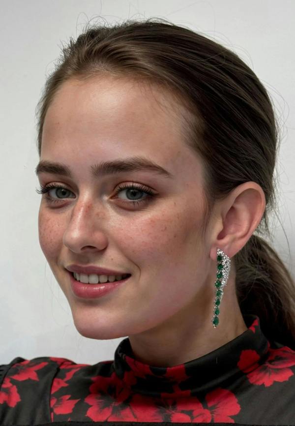 The earring worn by a model.