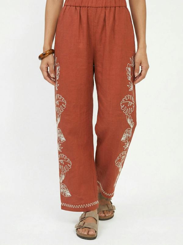 Raffya Tilly High Waist Embroidered Trouser In Rust
