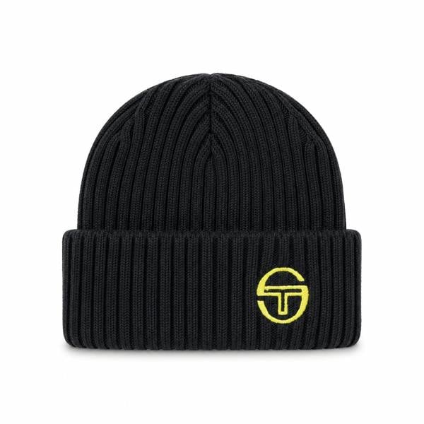 Black ribbed knit beanie with a folded cuff and embroidered gold Sergio Tacchini logo on the front.