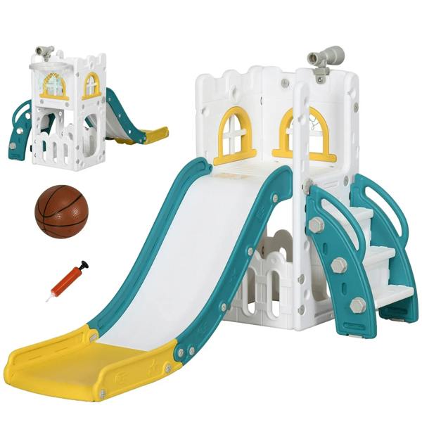 5-in-1 toddler playground slide with basketball hoop, teal rails, white frame, yellow base