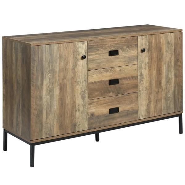 Rustic brown sideboard with two cabinet doors and three drawers, black hardware