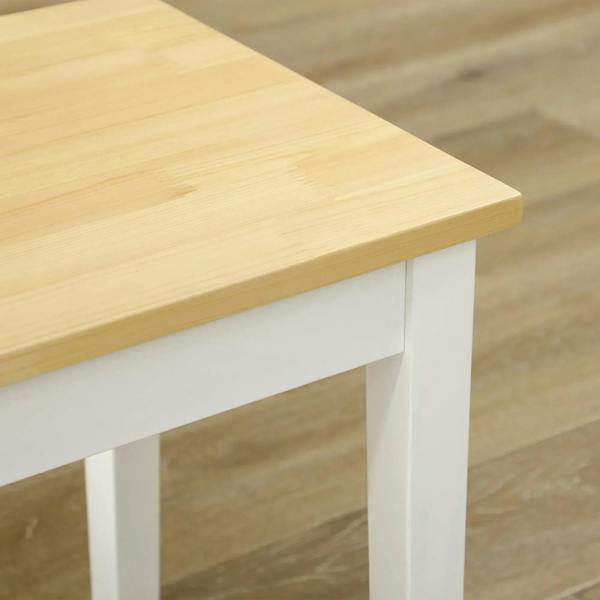 Close-up of smooth pine bench top with white side frame and legs.