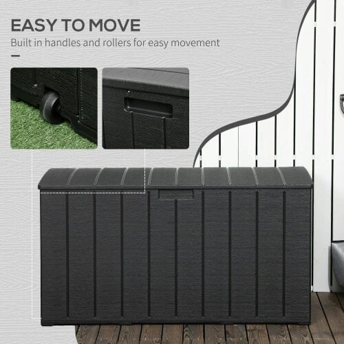 Bobobiy 336 Litre Garden Storage Box, Water-resistant Heavy Duty Double Wall Plastic Container, Deck Cushion Chest with Wheels and Handles, Black