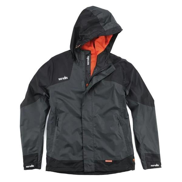 Scruffs Tech Mens Zip Up Work Warm Hooded Jacket Coat, black and gray with orange interior lining, featuring front zip pockets and a hood with adjustable drawstrings.