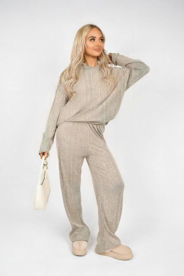 Zayana Hooded Ribbed Oversized Top And Wide Leg Lounge Co-ord Set - Stone