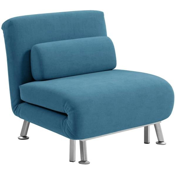 Blue velvet-feel sleeper chair with curved backrest and fold-out seat, silver legs
