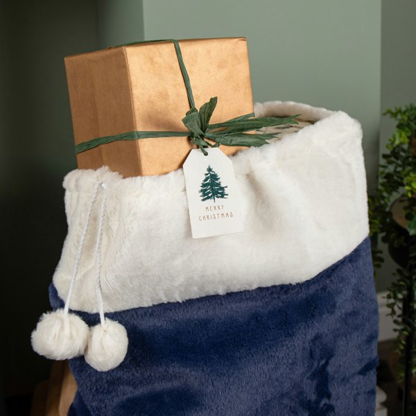 Samuel Alexander 80 x 55cm Blue Soft Plush Christmas Sack with White Faux Fur Trim and Pom Poms
