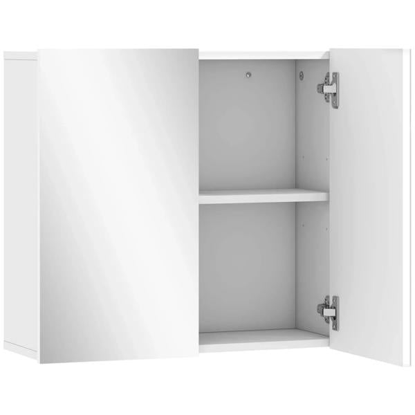 White double-door bathroom mirror cabinet with open doors, showing two interior shelves.