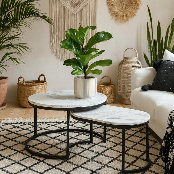 Wyld Haus Copenhagen Round White Marble Effect Nesting Coffee Table Set Black Metal Legs