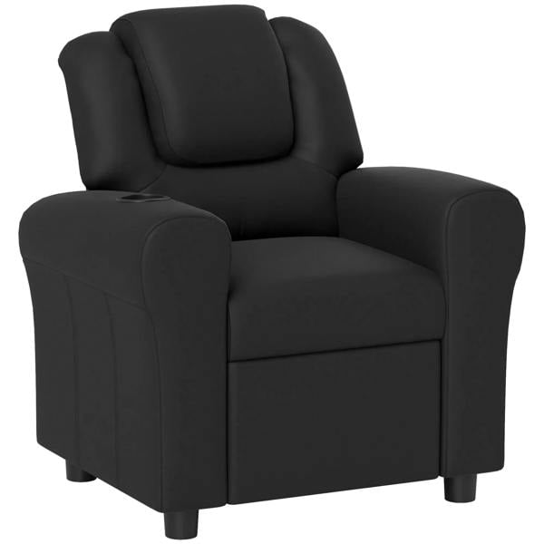 Kids recliner chair in black PU leather with padded headrest and footrest