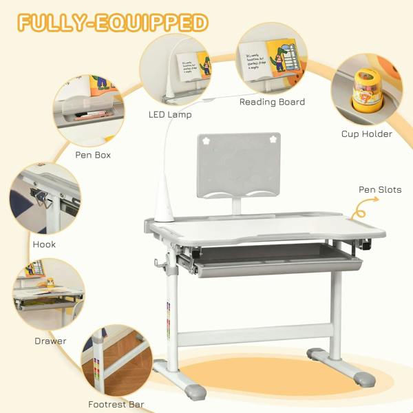 Grey kids study desk and chair set features: reading board, cup holder, drawer