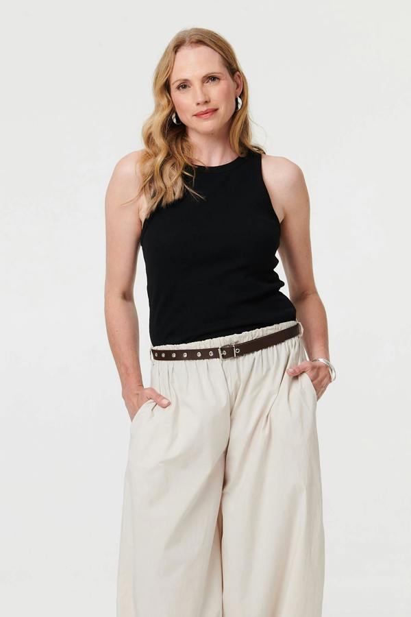 Beige | Belted Relaxed Wide Leg Barrel Trousers