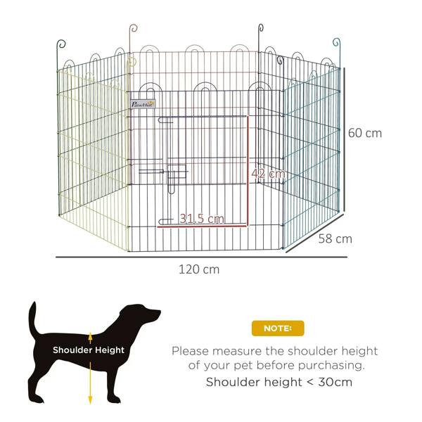 Multi-color pet playpen crate dimensions diagram, six panels with door