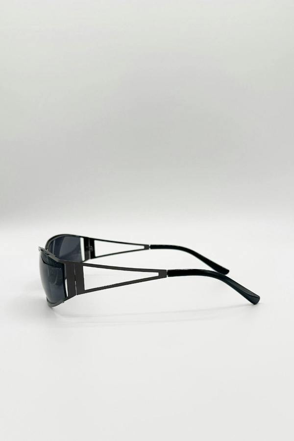 Retangle Wrap Around Metal Sunglasses In Gun Metal - svnx